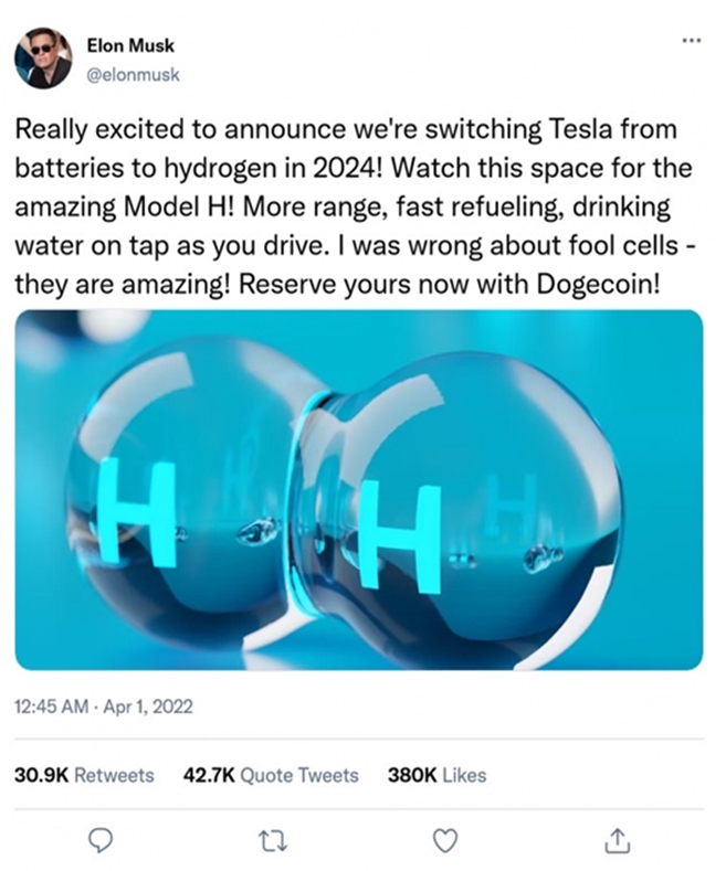 「馬斯克」推文宣布將把電動車上的電池，換成不需要充電的「氫燃料電池」