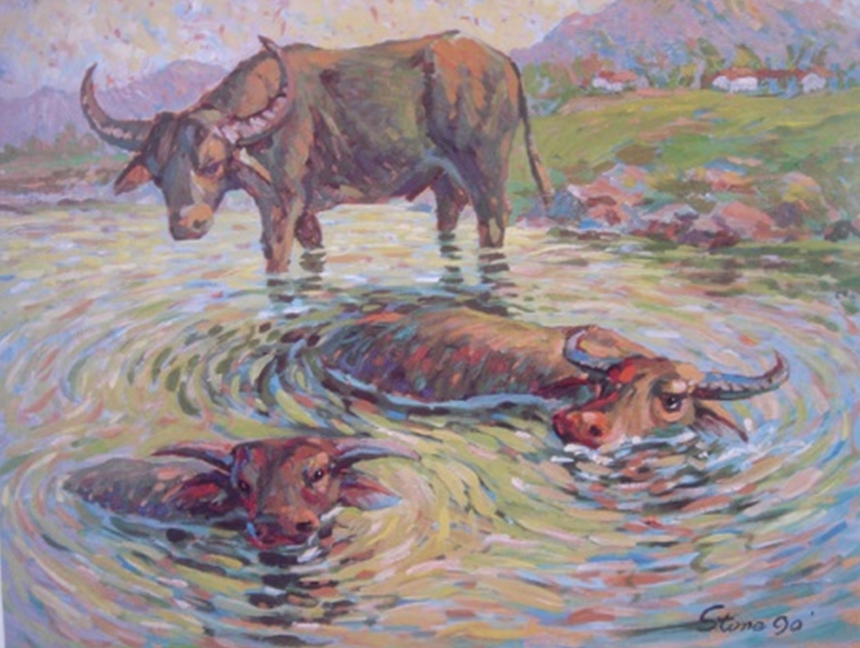 陳文石在1990年代返台之後的畫作-鄉間水牛。圖／陳文石