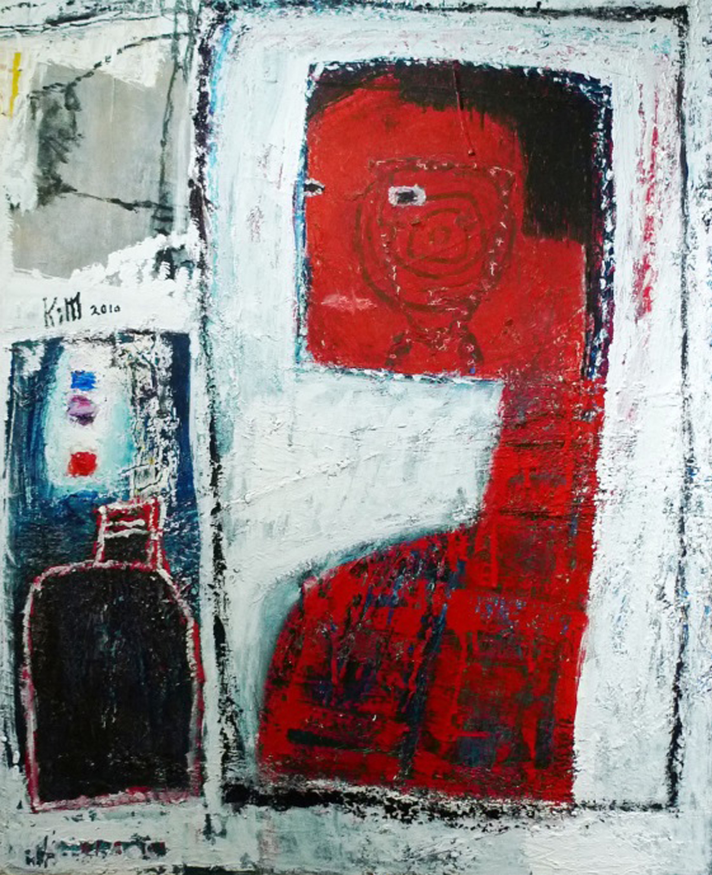 素人畫家作品構圖幾乎都是平面，大量使用圖案和未經調合色彩。（圖為詹錦川作品翻拍自網路）