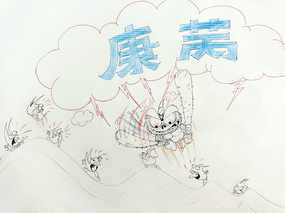 謝金塗導演為日前襲台的「康芮」颱風卡通造型戲筆。（攝影∕記者鄭松維）