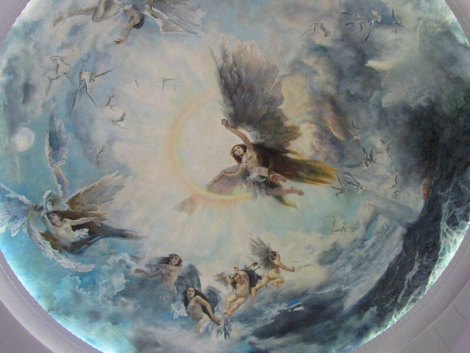 天津車站大廳穹頂《精衛填海》壁畫。（圖翻拍自網路）